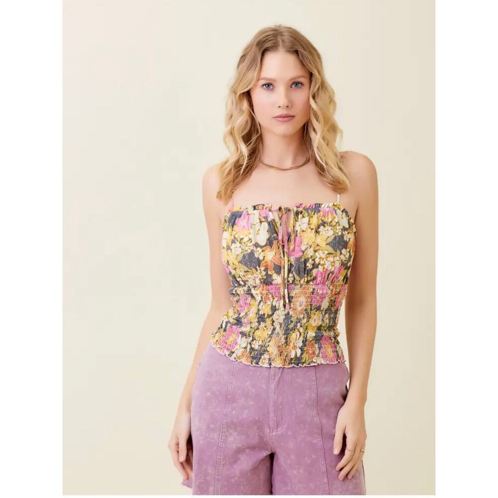 Floral Print Smocked Crop Top Sz L Adj Straps Boho Festival Peasant Summer